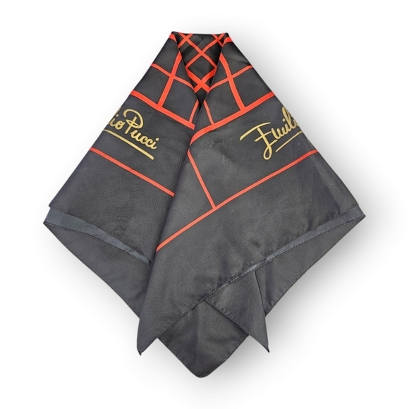 Emilio Pucci Neck Scarf Rotta Loria Geometric Black Red Gold Vintage 26" Square - Picture 1 of 7